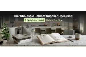 Modern kitchen scene with an open checklist on a marble island, titled “The Wholesale Cabinet Supplier Checklist: 9 Questions to Ask Before You Sign.”