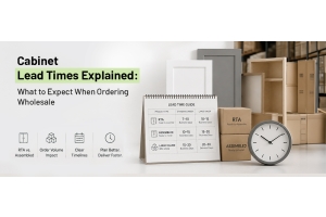 Wholesale cabinet lead time guide showing RTA and assembled cabinets, shipping boxes, a calendar, and a clock with typical order timelines.