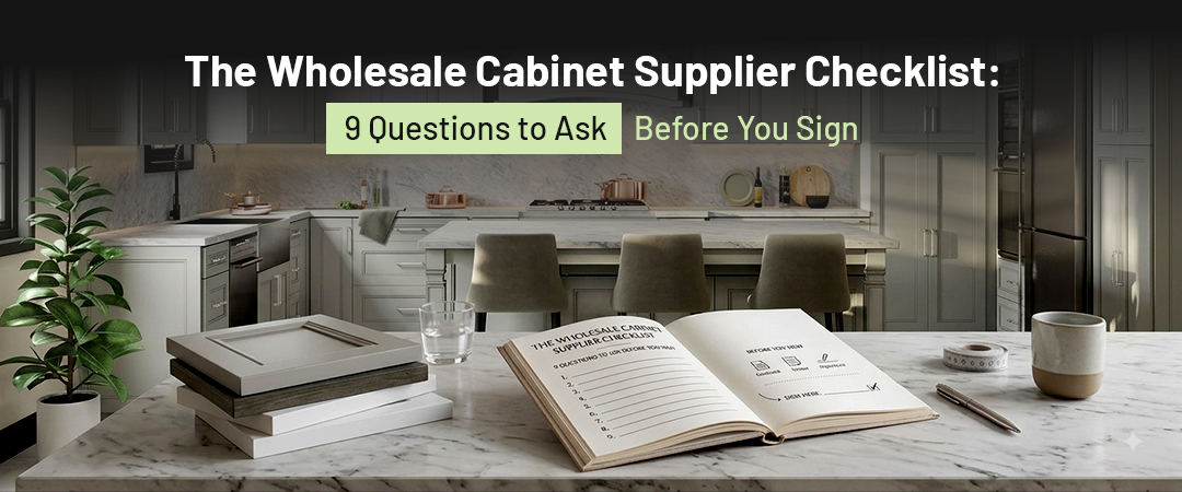 Modern kitchen scene with an open checklist on a marble island, titled “The Wholesale Cabinet Supplier Checklist: 9 Questions to Ask Before You Sign.”