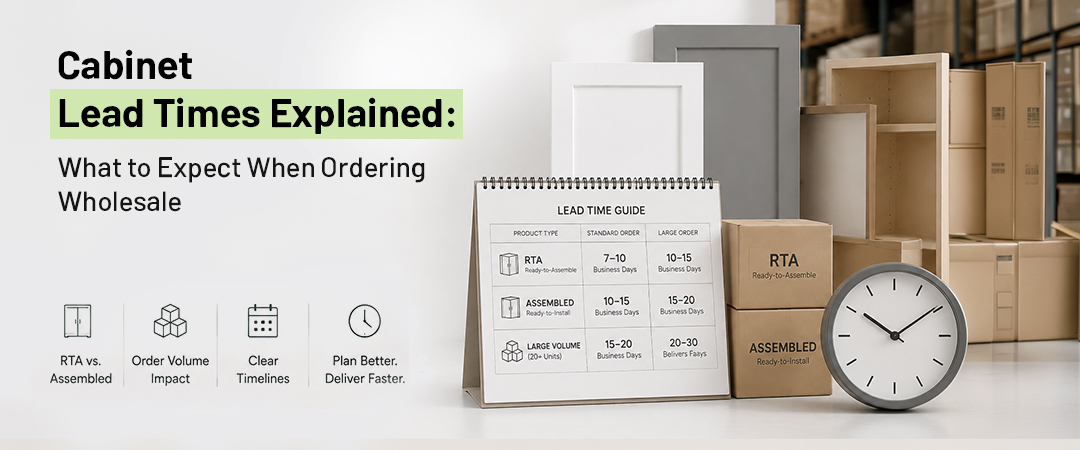 Wholesale cabinet lead time guide showing RTA and assembled cabinets, shipping boxes, a calendar, and a clock with typical order timelines.